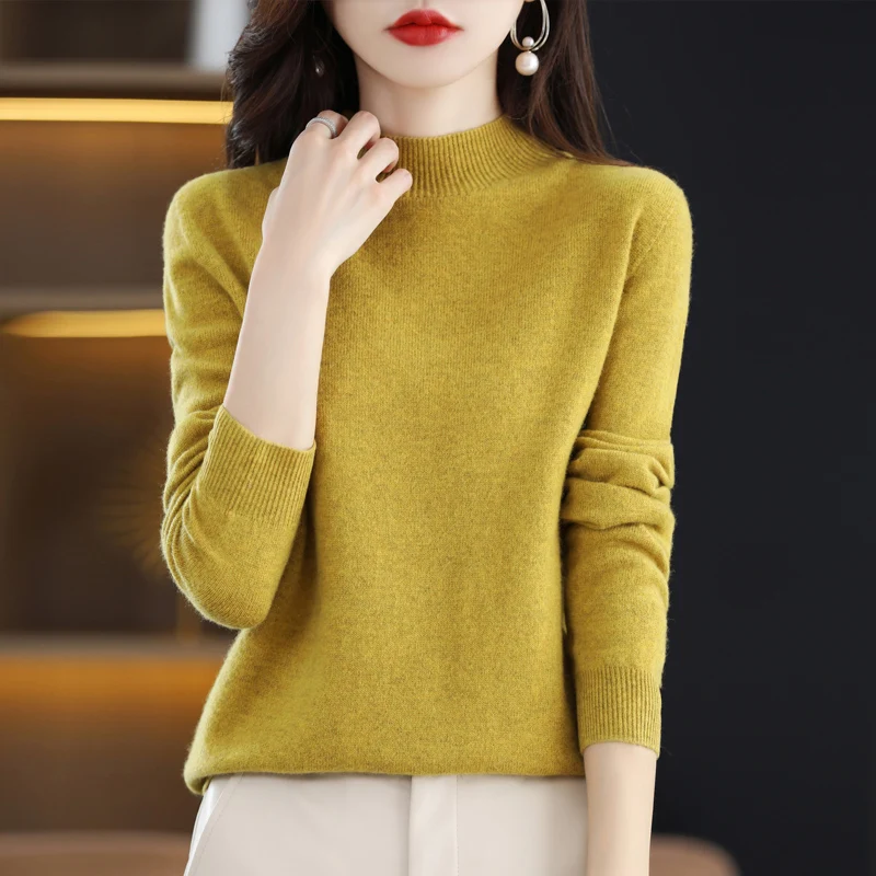 Half High Solid Color Cashmere Sweater For Women Loose Pullover Autumn and Winter Contracted Commuter Basic Knitwear Top Base - الصورة 23