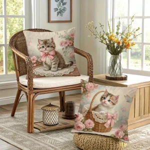Adorable Kitten-Printed Pillowcases with Pink Bows and Floral Patterns Sofa cushion cover home room decoration 2D flat printing