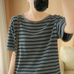 Pure Cotton Round Neck T Shirt For Women Summer Korean Style Loose Large Size Casual Short Sleeve Striped Top Base Shirt Blouse.