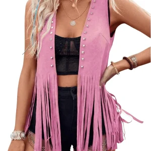 Women Vintage Sleeveless Faux Suede Fringe Vest Rivets Leather Western Boho Tassel Jacket Open Front Hippie Cardigan 2025