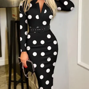 Allover Print V Neck Pencil Dress Elegant Long Sleeve Belt Dress Women's Clothing
