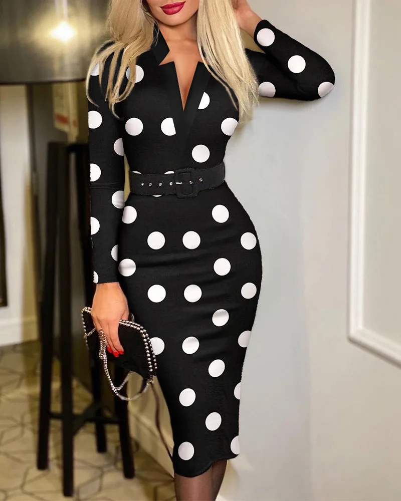 Allover Print V Neck Pencil Dress Elegant Long Sleeve Belt Dress Women's Clothing - Image 2