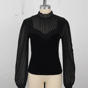 Women's Spring/Fall 2026 New Arrival Elegant Lace-Panel Cutout Bell-Sleeve Tie-Waist Top Everyday Lace-Panel Design