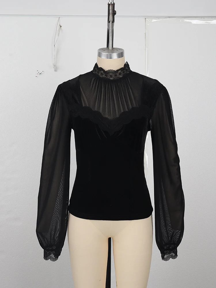 Women's Spring/Fall 2026 New Arrival Elegant Lace-Panel Cutout Bell-Sleeve Tie-Waist Top Everyday Lace-Panel Design - Image 6