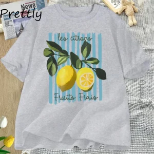 Summer Lemon T-shirt Vintage Cottagecore French T Shirt Cotton Lemon Tee Shirt Vacation Beach Tshirt Casual Short Sleeve Tops