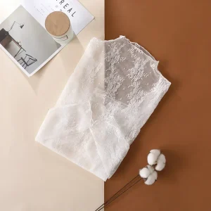 New Women Floral Lace Shirt Spring Autumn Long Sleeve Sexy Mesh Bottoming Shirts Mock Neck Blouse T-Shirt Pullover Top