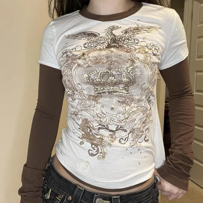 Street Hottie Fake Two T-shirts American Retro Print Tshirt EMO Harajuku Stitching Tees American Fashion Punk Top Ropa Mujer - الصورة 2