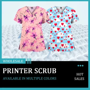 Wholesale Polyester Spandex Uniforms Beautiful Hospital Scrubs Tops Women Nurse Printed Scrub Top Healthcare Nursing Scrub Shirt