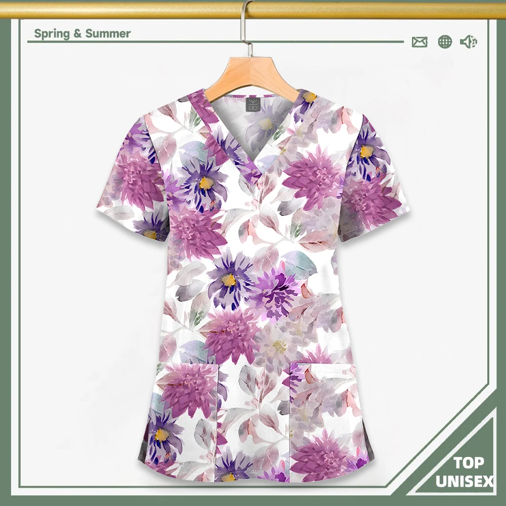 Surgical Uniform Printing Holiday Beautiful Shirt V-neck Style Pocket Design Blouse Surgical Top Woman Men Nurse Medical Uniform - الصورة 34