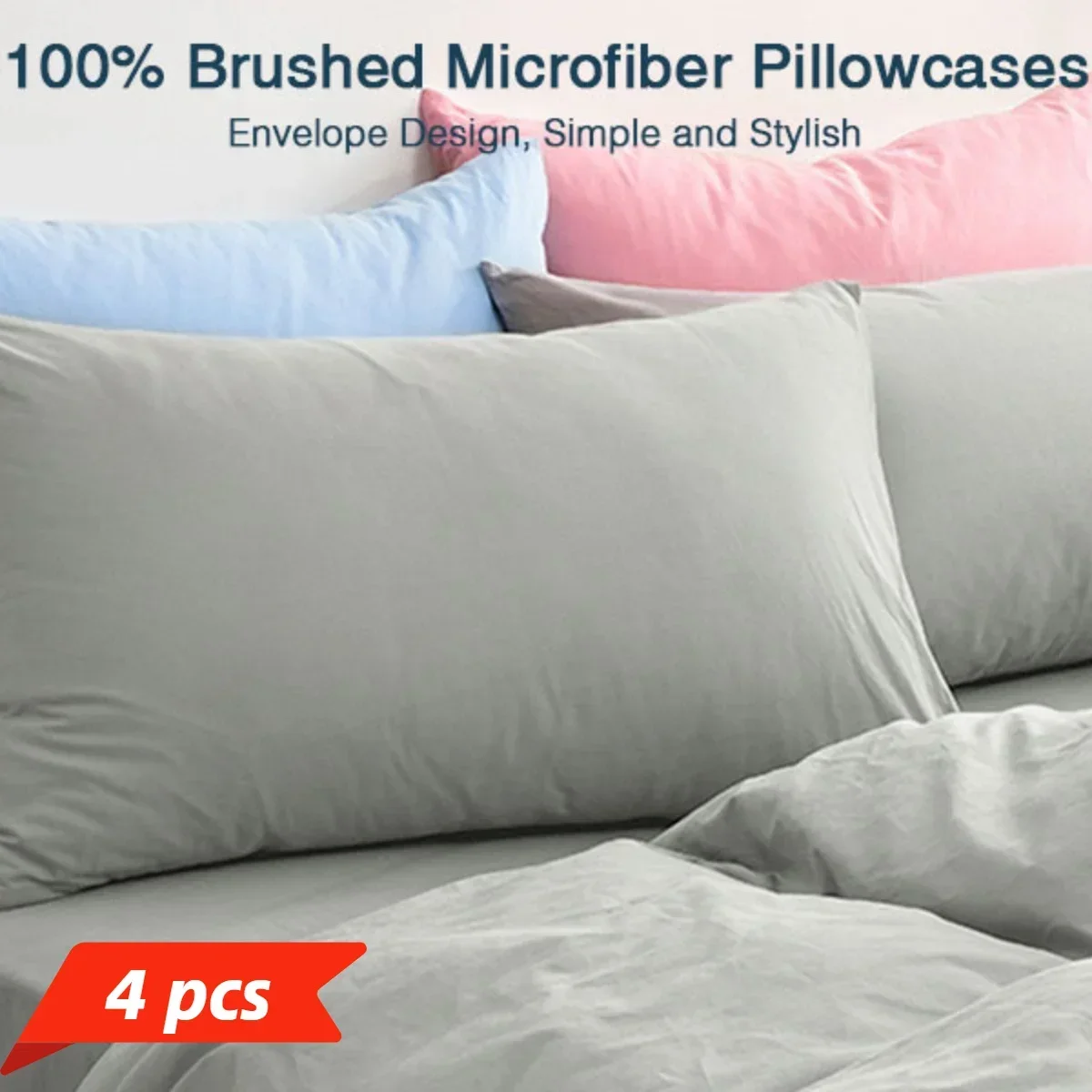 4pcs Microfiber Pillowcases Solid Color, Envelope Closure, Machine Washable, Woven Fabric, for Bedroom, Living Room - Image 2