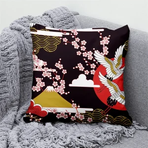 Lucky Cat Japanese Style Sofa Bed Decorative Pillow Cover Home Decor Mount Fuji Art Cushion