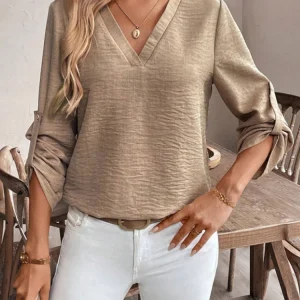 Ladies Elegant Simple V-Neck Commute Pure Color Cuffed Sleeve Casual Sophisticated Shirt Office Wear Casual Fashion