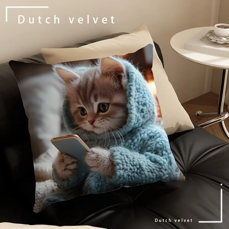 Cute Kitten in Hoodie Pillowcase: Cozy and Adorable for Your Home! Sofa cushion cover, home decoration, 2D printing - Image 3