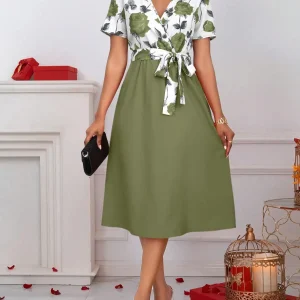 Women's Floral Print V-Neck Tie Waist Midi Dress - Rose Patchwork A-Line Short Sleeve Dress for Casual, Vacation & Wedding Guest
