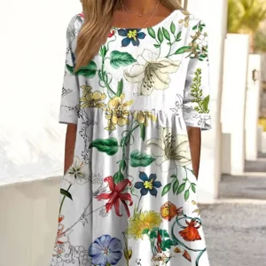 2026Summer New Arrival Women's Casual Crew Neck Pocket Short Sleeve Printed Dress