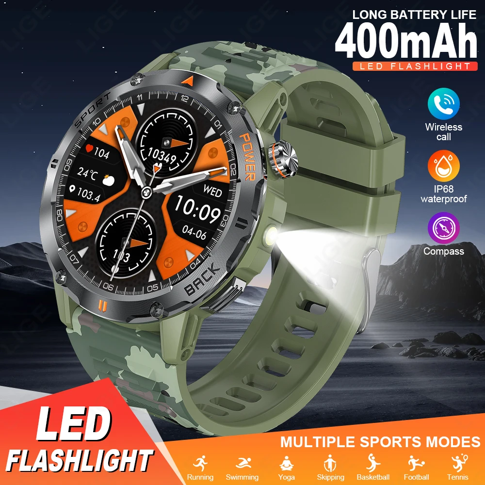 LIGE Smart Watch Men's Sports Watch Compass Flashlight 400mAh Large Battery Bluetooth Call Outdoor Waterproof Durable Smartwatch