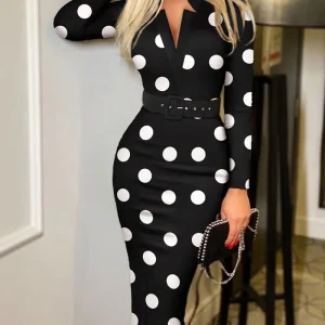 Allover Print V Neck Pencil Dress Elegant Long Sleeve Belt Dress Women's Clothing