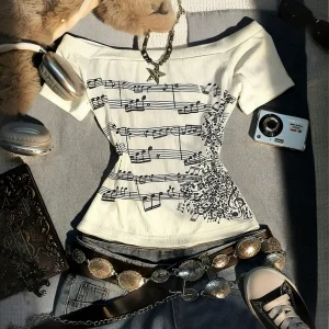 Women's Retro Off-Shoulder Long-Sleeved Slim-Fit T-Shirt, Adorned With Musical Note Print, Fashionable, Y2K Retro Style, High-Qu