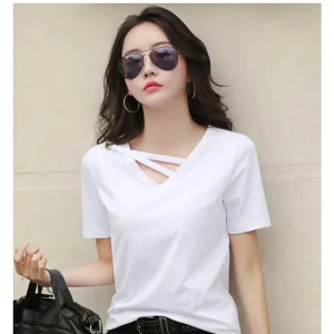 Sexy V-neck Solid Design Short Sleeve Tops Korean Casual Trendy Top Women New 2024 Summer Popular T Shirt for Women