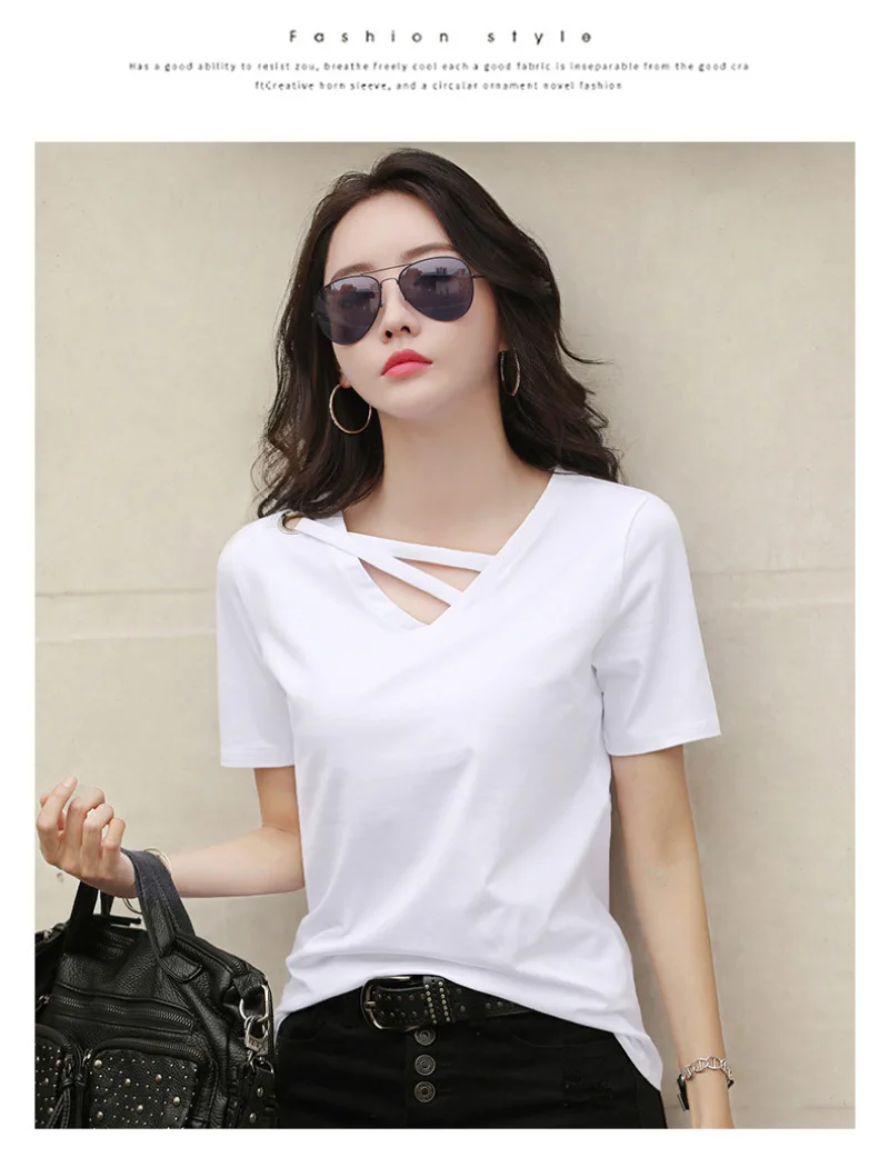 Sexy V-neck Solid Design Short Sleeve Tops Korean Casual Trendy Top Women New 2024 Summer Popular T Shirt for Women - الصورة 6