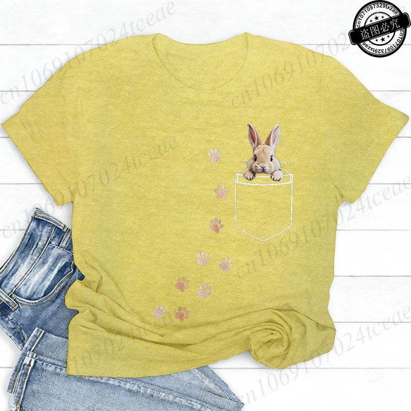 Pocket Bunny T-Shirts – Cute Rabbit Paw Prints T-Shirt Funny Bunny Graphic Tee Tops Sweet Rabbit Sitting in The Pocket Shirt - Image 3