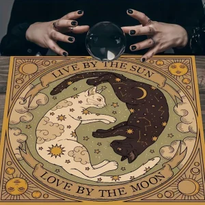 VIKAMA Mysterious Sun and Moon Cat Altar Tablecloth Starry Sky and Celestial Elements Tarot Cards Divination Room Decoration