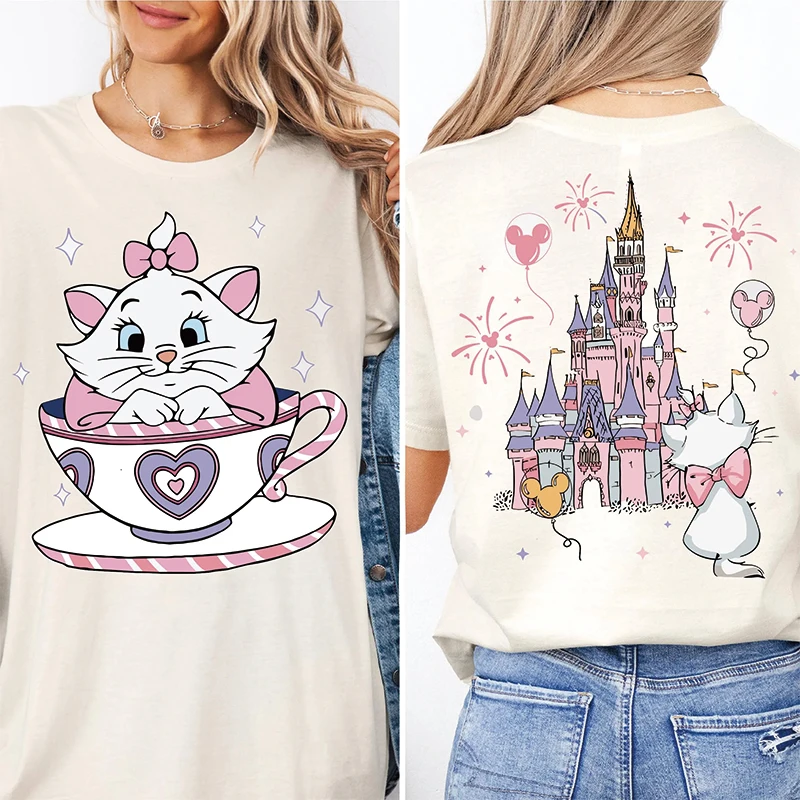 2025 Summer New The Aristocats Cartoon Anime Printed T-shirt Women's Fashion Casual T-shirt Mary Cat Crazy Teacup Party Shirt
