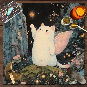 VIKAMA 2/4PC Magic Elf Tarot Tablecloth Pink Winged White Cat Wand Bedroom Children's Room Fantasy Decor