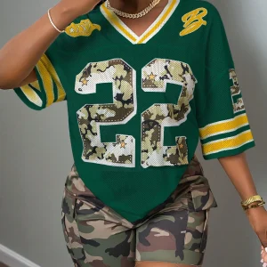 2025 Summer Women's 22nd Fashion Y2K Breathable Quick Drying T-shirt Camo Printed Loose Music Festival Party Comfortable Shirt