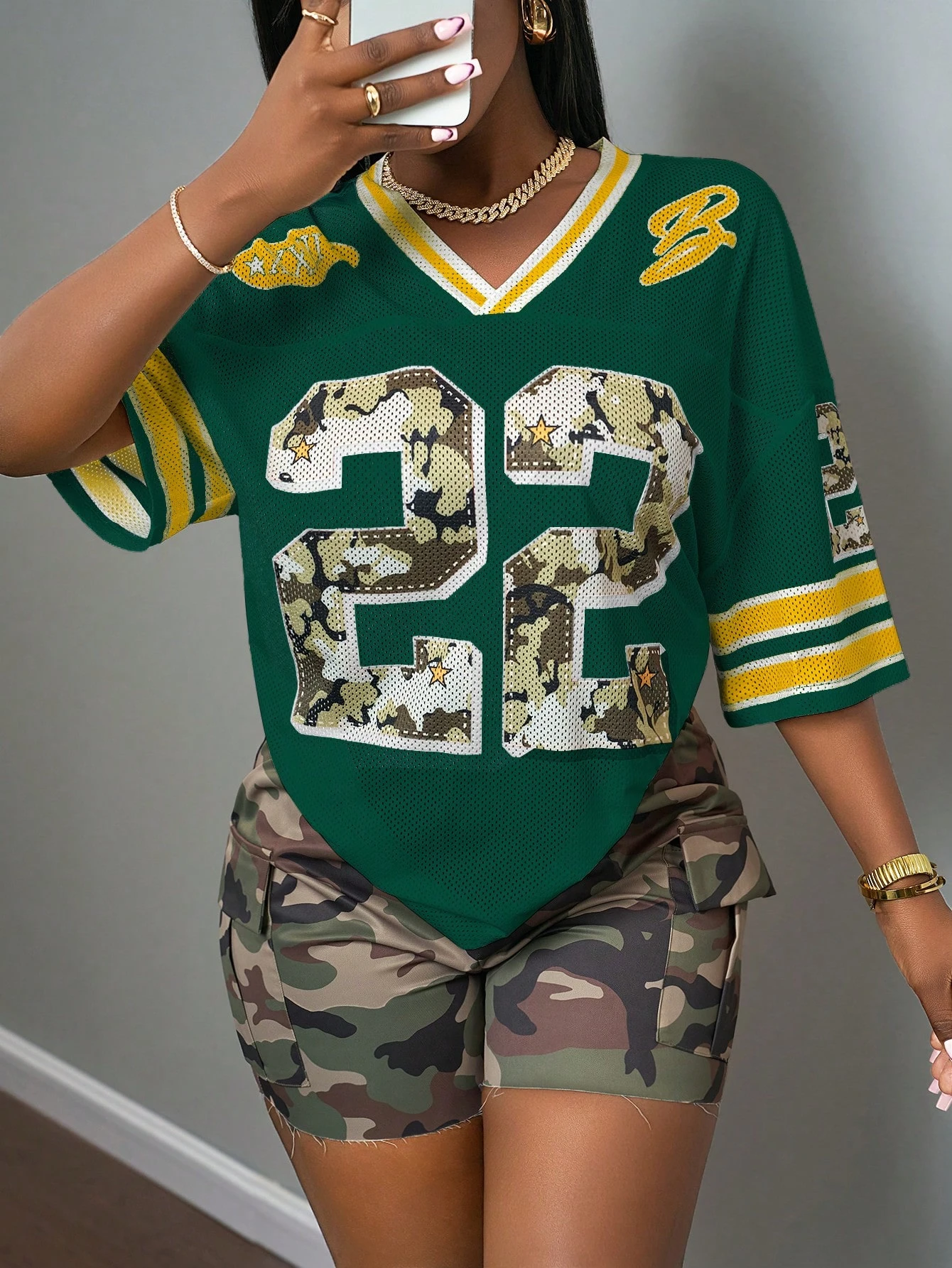 2025 Summer Women's 22nd Fashion Y2K Breathable Quick Drying T-shirt Camo Printed Loose Music Festival Party Comfortable Shirt - Image 4