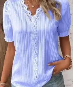 Elegant Women Blouse Shirt V Neck Lace Patchwork Short Sleeve Shirts For Women Summer Lady Tops