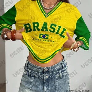 Summer New Vintage Brazil Print Women V-Neck T Shirt Patchwork Short Sleeve Sports Tees Football Jersey Y2K Loose Oversized Tops