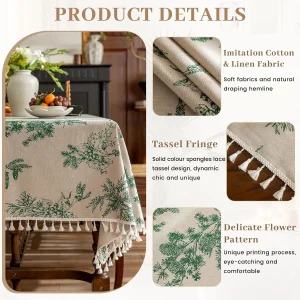 Square Vintage Cotton Linen Tablecloth with Stitching Tassels Washable Fabric Table Cover for Christmas Dining Kitchen Tea Party