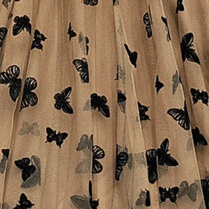 Butterfly Flocking Tulle Long Skirt Women Aesthetic Casual A Line Elastic High Waist Midi Mesh Skirt Female Black