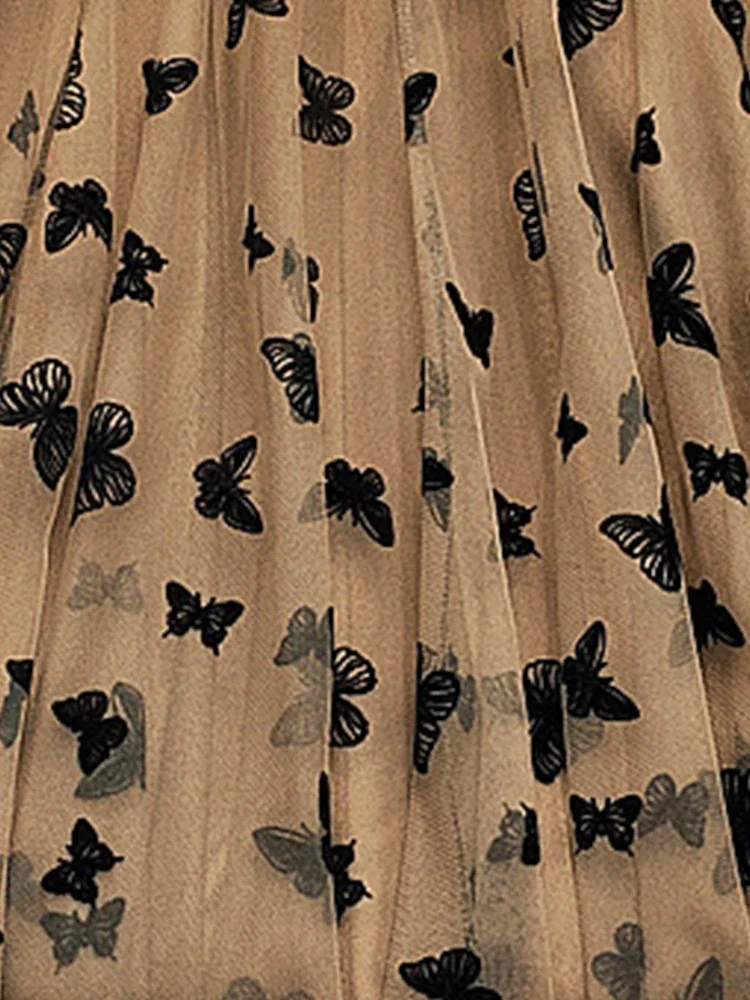 Butterfly Flocking Tulle Long Skirt Women Aesthetic Casual A Line Elastic High Waist Midi Mesh Skirt Female Black - الصورة 6