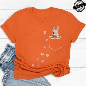 Pocket Bunny T-Shirts – Cute Rabbit Paw Prints T-Shirt Funny Bunny Graphic Tee Tops Sweet Rabbit Sitting in The Pocket Shirt