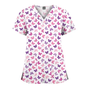 Wholesale Polyester Spandex Uniforms Beautiful Hospital Scrubs Tops Women Nurse Printed Scrub Top Healthcare Nursing Scrub Shirt