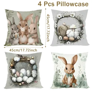 4pcs/set Easter Bunny Pillow Covers 45cm Egg Hunting Theme Pillow Case Spring Flower Easter Decoration Home Decor