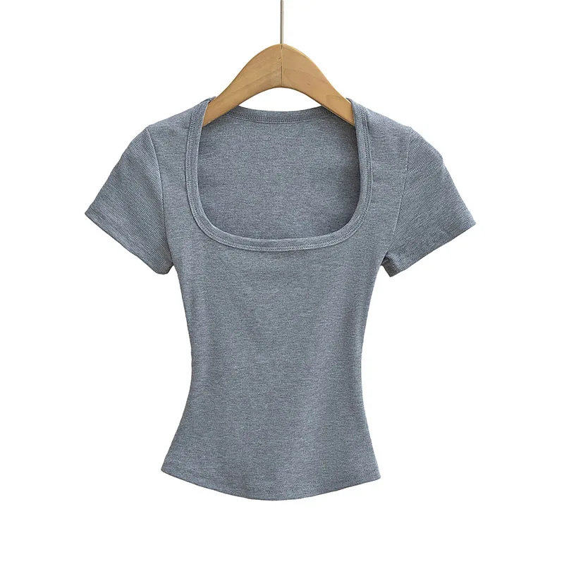 Summer square neck high elasticity crop top women's short sleeved sexy top slim fit pullover base shirt - Image 7