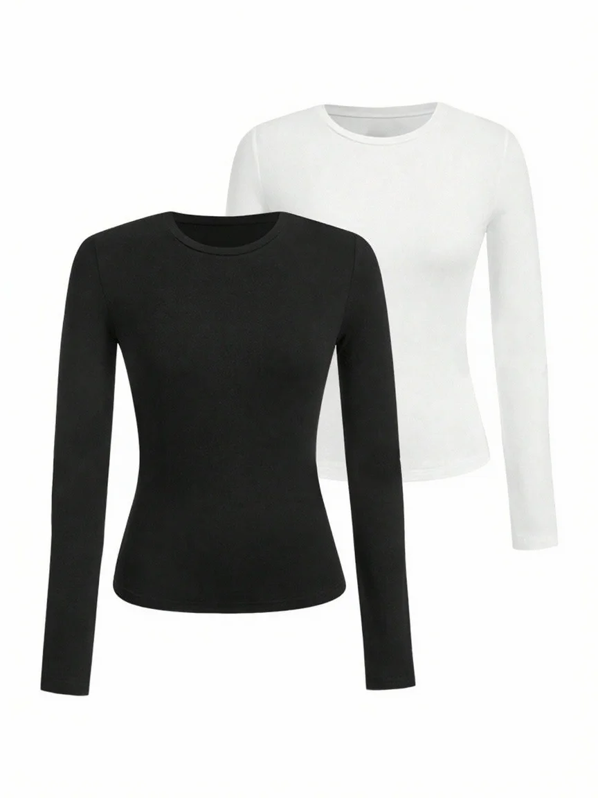 Women's solid-color long-sleeved T-shirt - Polyester knitted fabric, round neck, regular fit, fall-winter style - الصورة 4