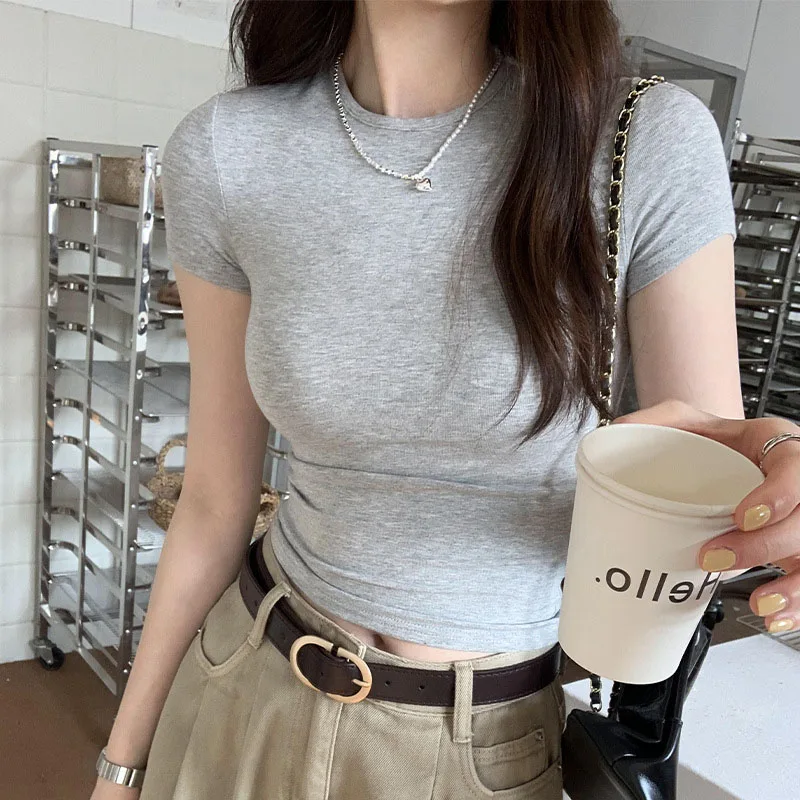 Basic Solid Crop Top Short Sleeve Crewneck Skinny T-shirt Summer Casual Tee for Women y2k Vintage Top Harajuku Streetwear - الصورة 9