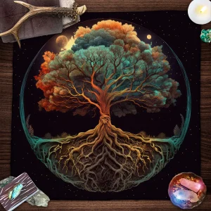 Mysterious Green Tree of Life Tarot Card Tablecloth Wicca Altar Cloth Fantastic Life Tree Tablecloth for Tarot Oracle Card Pad