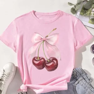 Fashion Cherry Print Women T-Shirt Short Sleeve Crew Neck Casual Tops for Summer Spring Women's Clothing Tops Tees