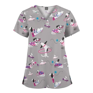 Wholesale Polyester Spandex Uniforms Beautiful Hospital Scrubs Tops Women Nurse Printed Scrub Top Healthcare Nursing Scrub Shirt
