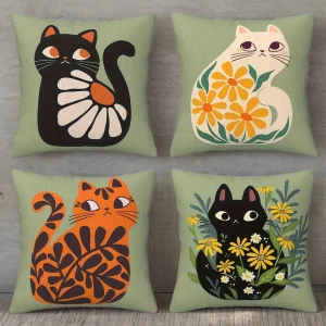 Home Decor Cute Cats With Floral Patterns Pillow Covers Pattern Cushion Cover Suitable For Sofa Bedroom Car Pillow Cover