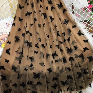 Butterfly Flocking Tulle Long Skirt Women Aesthetic Casual A Line Elastic High Waist Midi Mesh Skirt Female Black