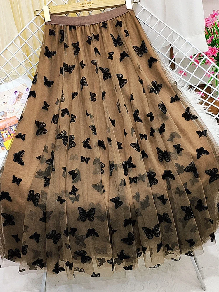 Butterfly Flocking Tulle Long Skirt Women Aesthetic Casual A Line Elastic High Waist Midi Mesh Skirt Female Black - الصورة 5