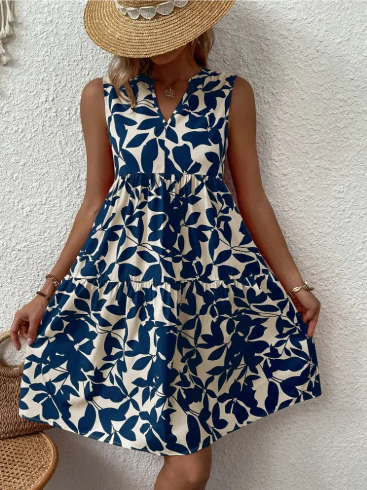 Women Boho Print Mini Dress Summer Elegant Sleeveless V Neck Ruffle A Line Tank Dress Casual Loose Oversize Beach Party Sundress - الصورة 7