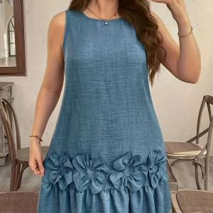 Dodge Blue Embossed Floral Dress Sleeveless Applique Midi an  Elegant Resort Wear