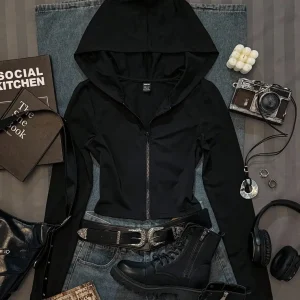 Casual women's wear minimalist printed solid color fitted hooded sweatshirt T-shirt, autumn, zipper cardigan pattern